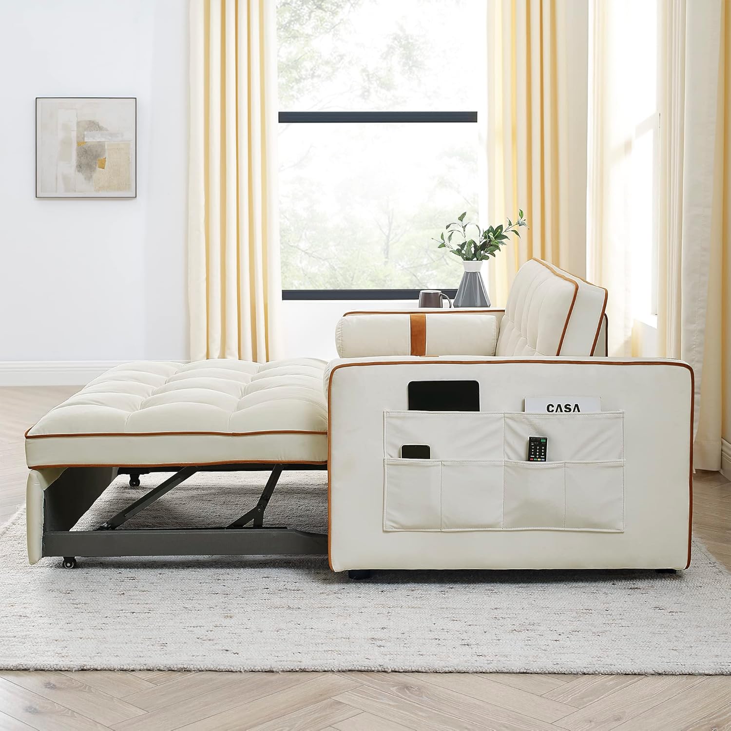 Quarte 55.5" Pull Out Sleep Sofa Bed, Modern 2 Seater Loveseats Sofa Couch with Adjsutable Backrest, Side Pockets & Lumbar Pillows, Convertible Sleeper Sofa Bed for Living Room (Beige/Loveseats)