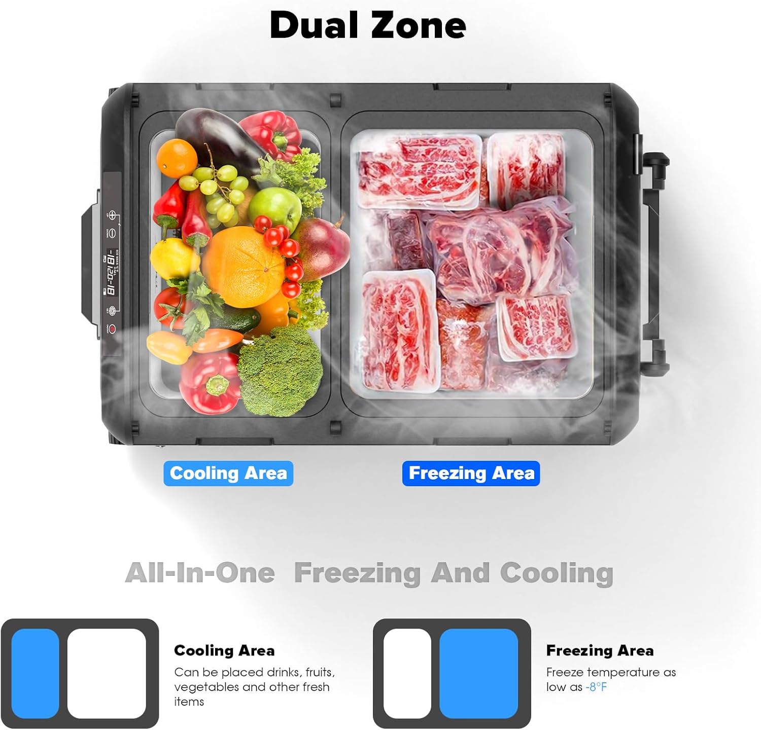 12 Volt Car Refrigerator, 48 Quart (45L) Dual Zone Electric Cooler -8°F-68°F, Compressor Portable Freezer with 12/24V DC 100/240V AC for Vehicles, Camping, Travel and Home Use