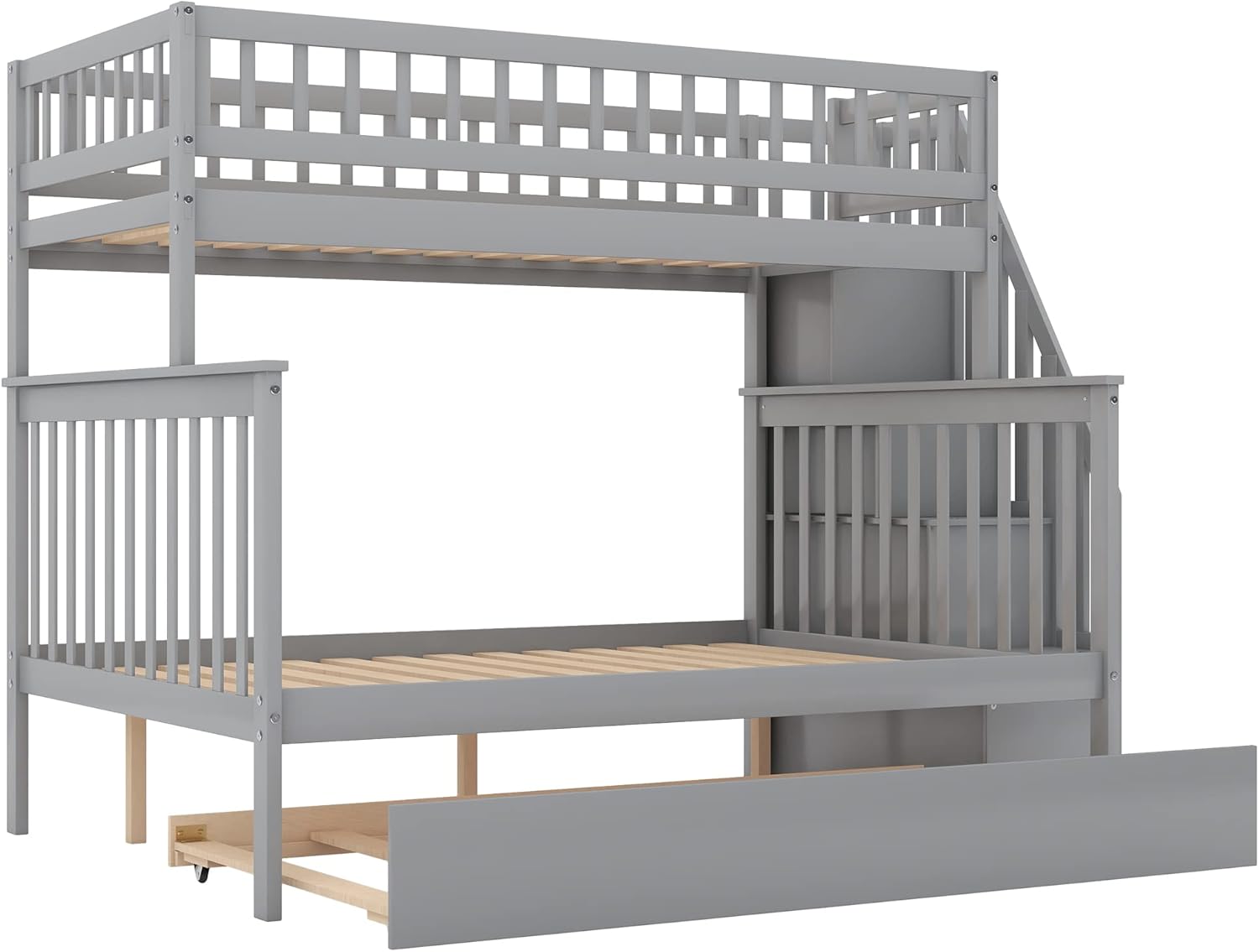 Bunk Beds with Trundle, Wood Space Saving Design Stairway Twin Over Full Bunk Bed Frame with Storage, Convertible to 2 Separated Beds, No Box Spring Needed, Gray