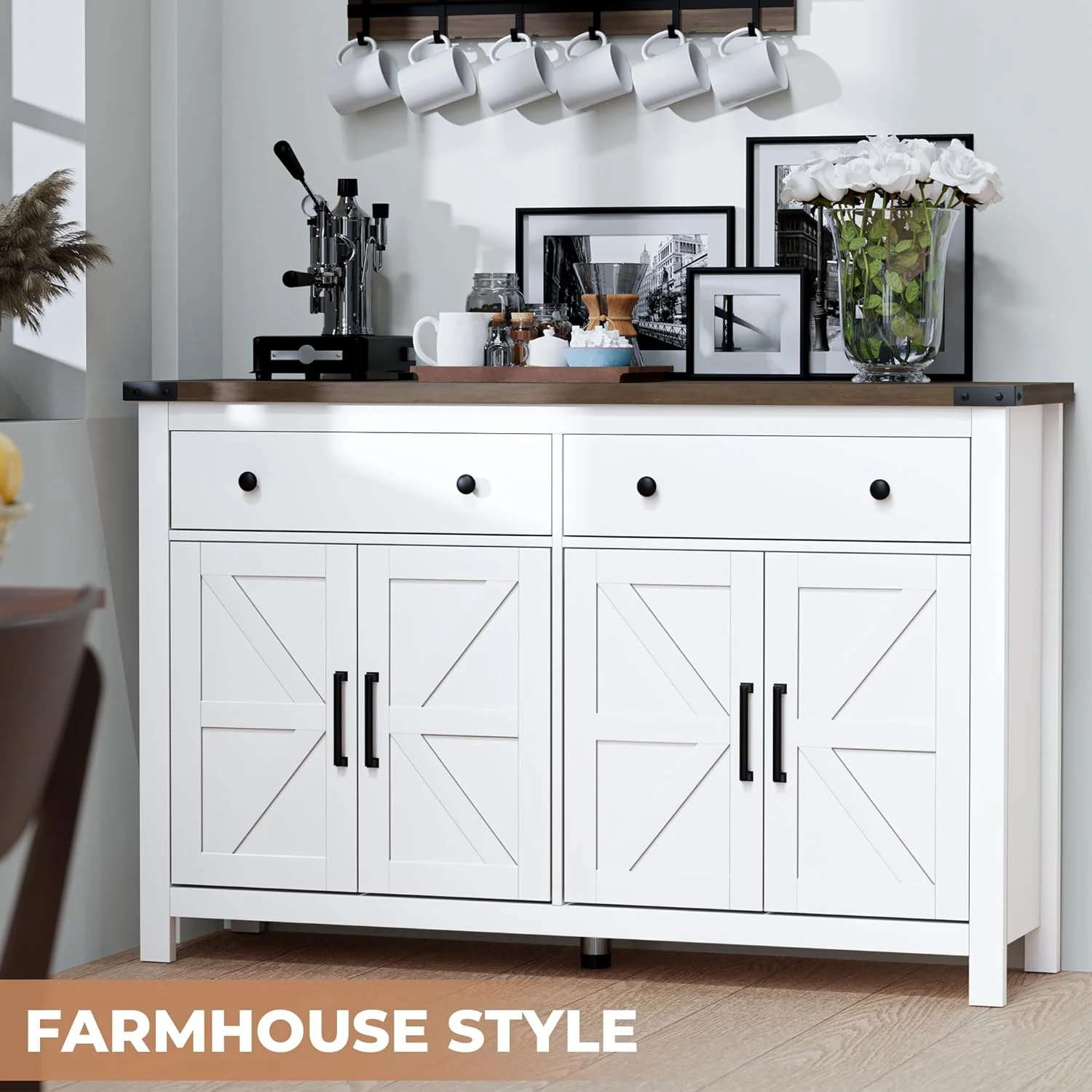 NLIBOOMLife 55" Sideboard Buffet Cabinet with   Coffee  Cabinet with 2 Drawers and 4 Barn Doors  Long  Cabinet Modern Farmhouse  White Wood  for Kitchen  Dining Room  Living Room
