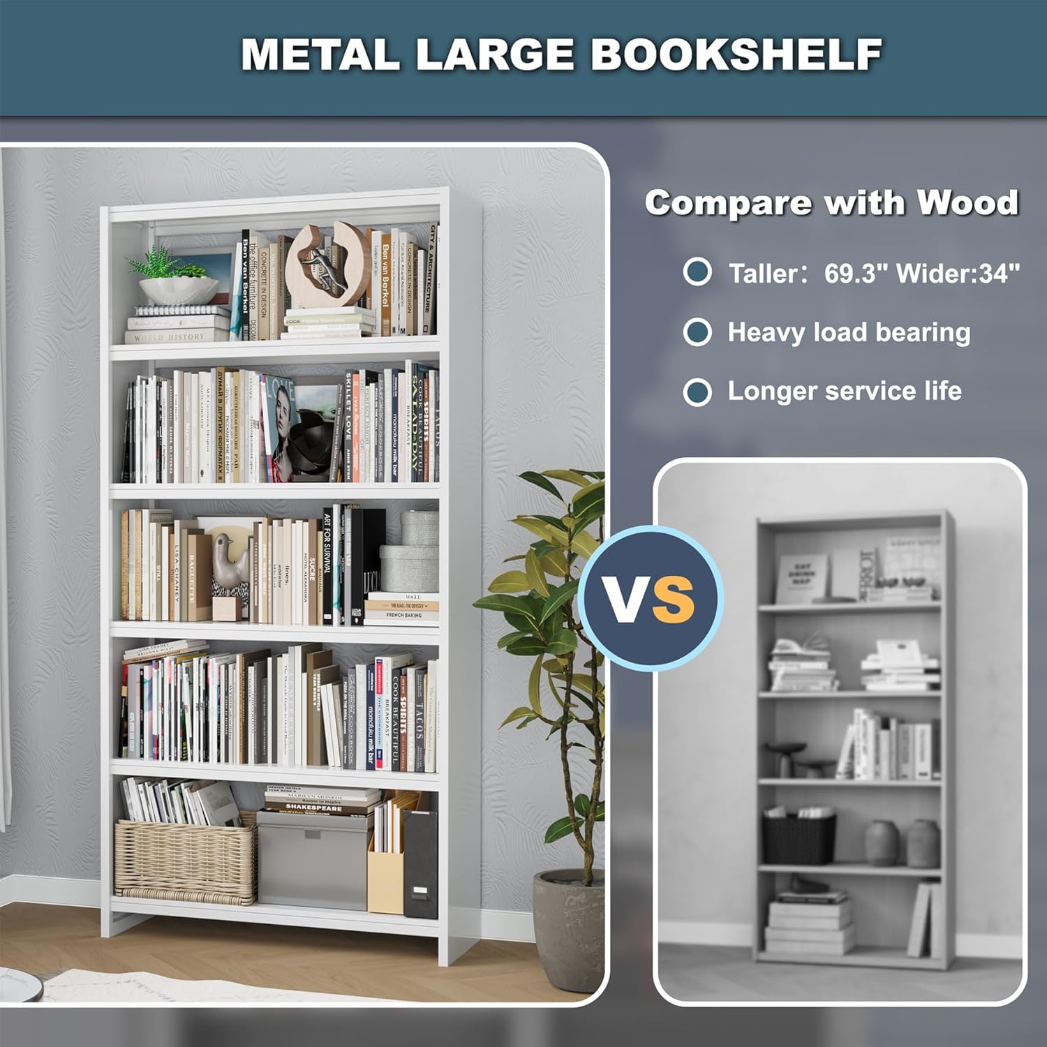 Metal Bookshelf,5 Tier Bookshelves,69" Tall White Bookcase Shelf Storage Organizer,Free Standing Storage Shelving Unit for Home Office,Library White Bookshelf Bookcase