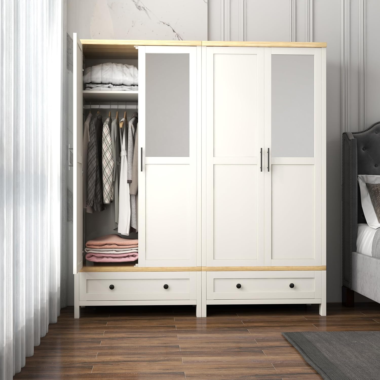 YIGOBUY Armoire Wardrobe Closet with Doors Bedroom Wooden Closet Cabinet with Drawers,Mirror, Shelves, Hanging, Tall Wood Standing Clothes Organizer for Hanging Clothes Armario de Almacenamiento