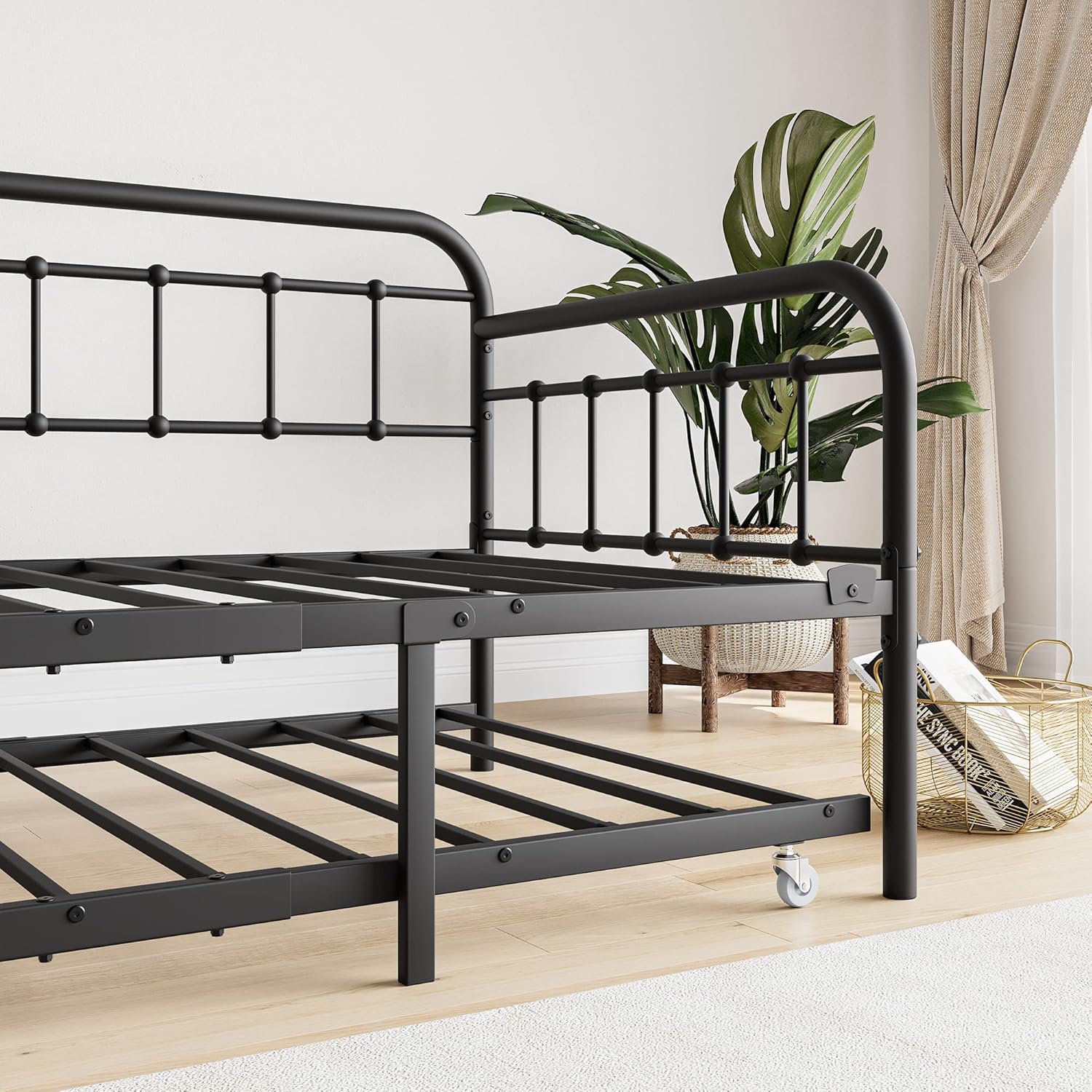 Twin Size Metal Daybed, Metal Day Bed with Trundle w/4 Esay-Glide Casters, Heavy Duty Steel Slat Support Sofa Bed with Headboard for Living Room Bedroom Guestroom, Noise Free, Black