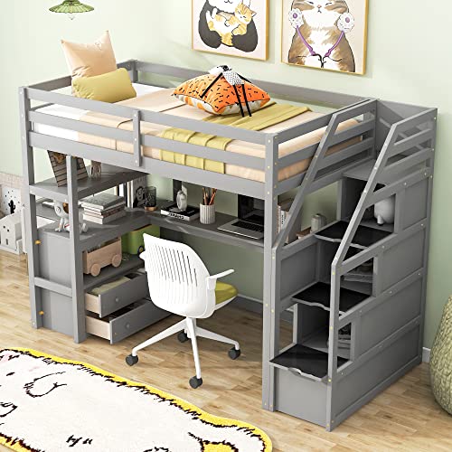 Full Size Loft Bed with Built-in L-Shaped Desk and Bookshelves, Solid Wood Loft Bed Frame with Safety Guardrail and Storage Staircase,Save Bedroom Space for Kids and Teens. (Grey~N)