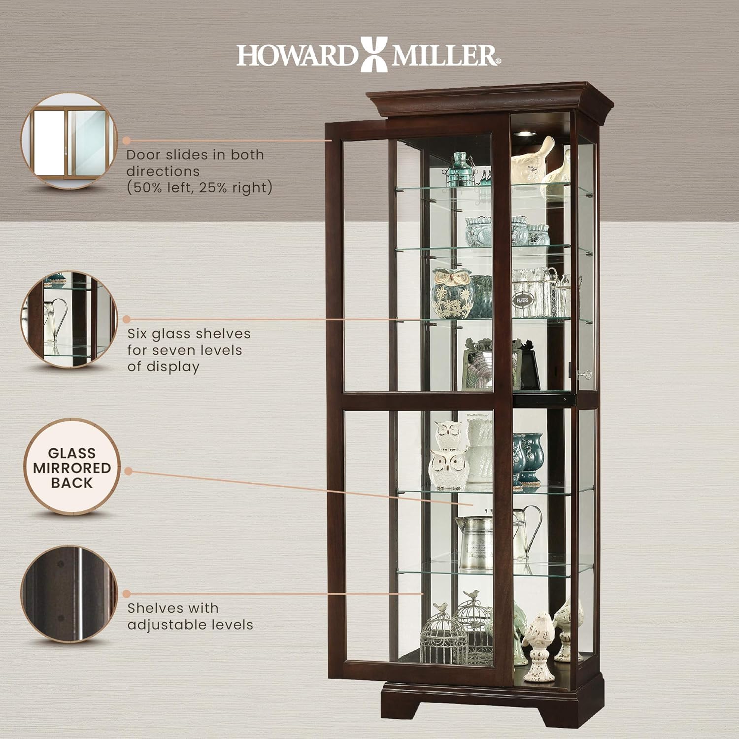 Howard Miller Martindale II Curio Cabinet 680-577 – Espresso Finish Home Decor, Six Shelves, Seven Level Display Case, Locking Slide Door, Halogen Light Switch
