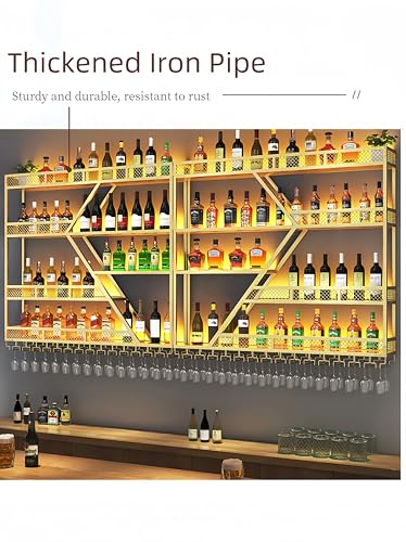 79/94/118" Metal Wine Rack Wall Mounted, Modern Bar Shelves Wall Mounted Wine Rack with LED Light, Liquor Shelf Wall Mounted, Bar Shelves for Liquor Bottles (Black with Blue Led, 71--3 Tier)