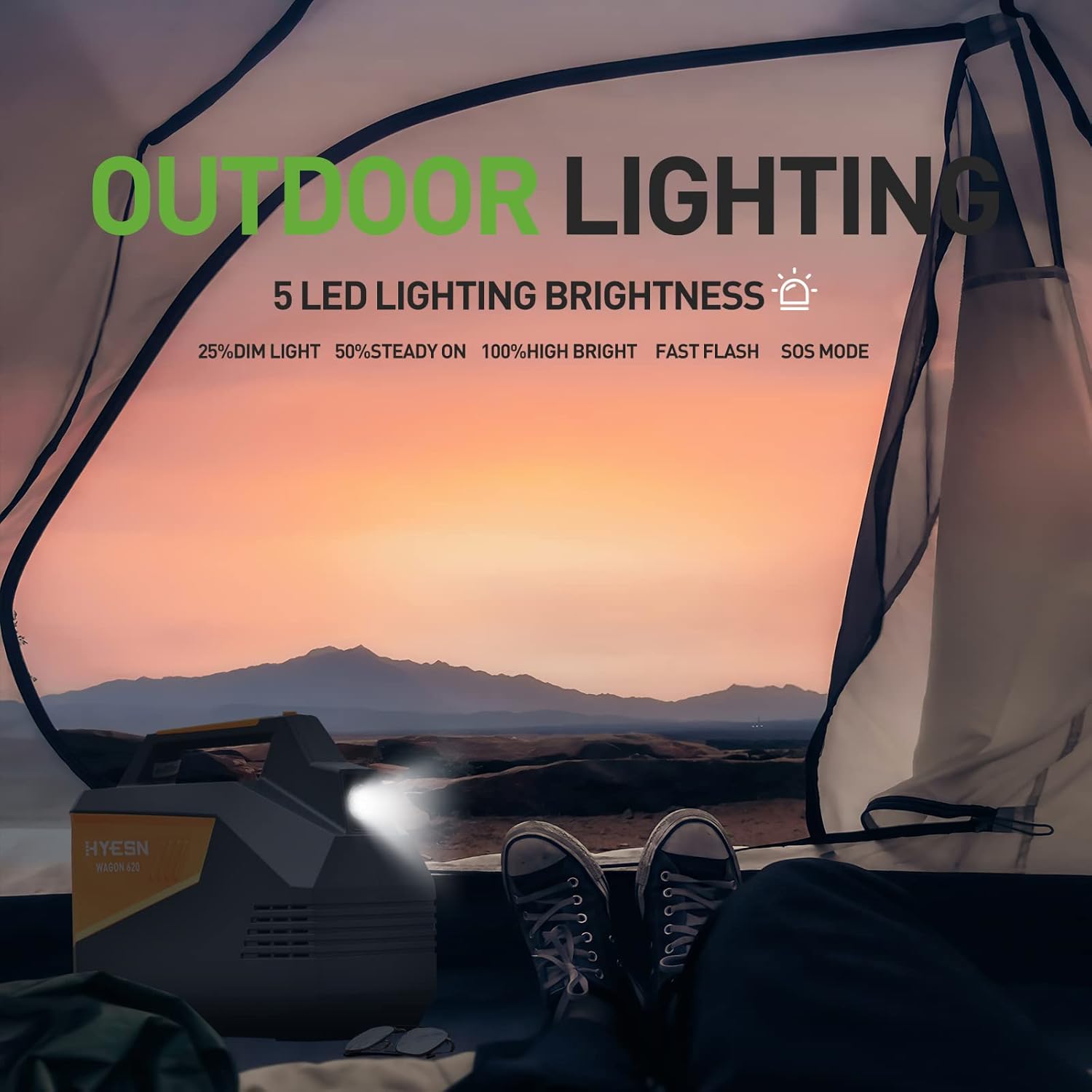 HYESN Portable Power Station 500W Outdoor Solar Generators 618Wh Backup Lithium Battery Power Multiple Devices, Peak 2500W Pure Sine Wave 110V AC Outlet for CPAP Camping Adventure Emergency