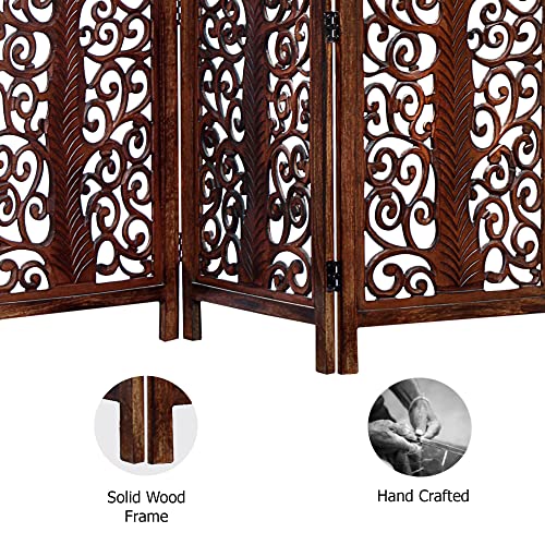 Room Divider Wood Screen - Ghanti Bells Antique Brown - 4 Panel Folding 72 x 80 - Assembled Hand Carved Decorative Functional Versatile Portable Partition Reversible Privacy Boho - COTTON CRAFT