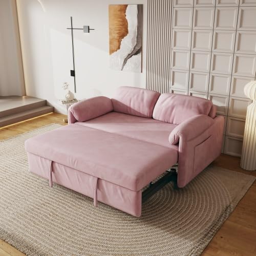 Convertible Pull Out Sofa Couch Bed with Mattress, 54'' Velvet 2-Seater Loveseat Sleeper, Futon Couches Pull Out Bed, Pop Up Daybed Sofa Bed with Storage Pockets for Living Room Small Space (Pink)