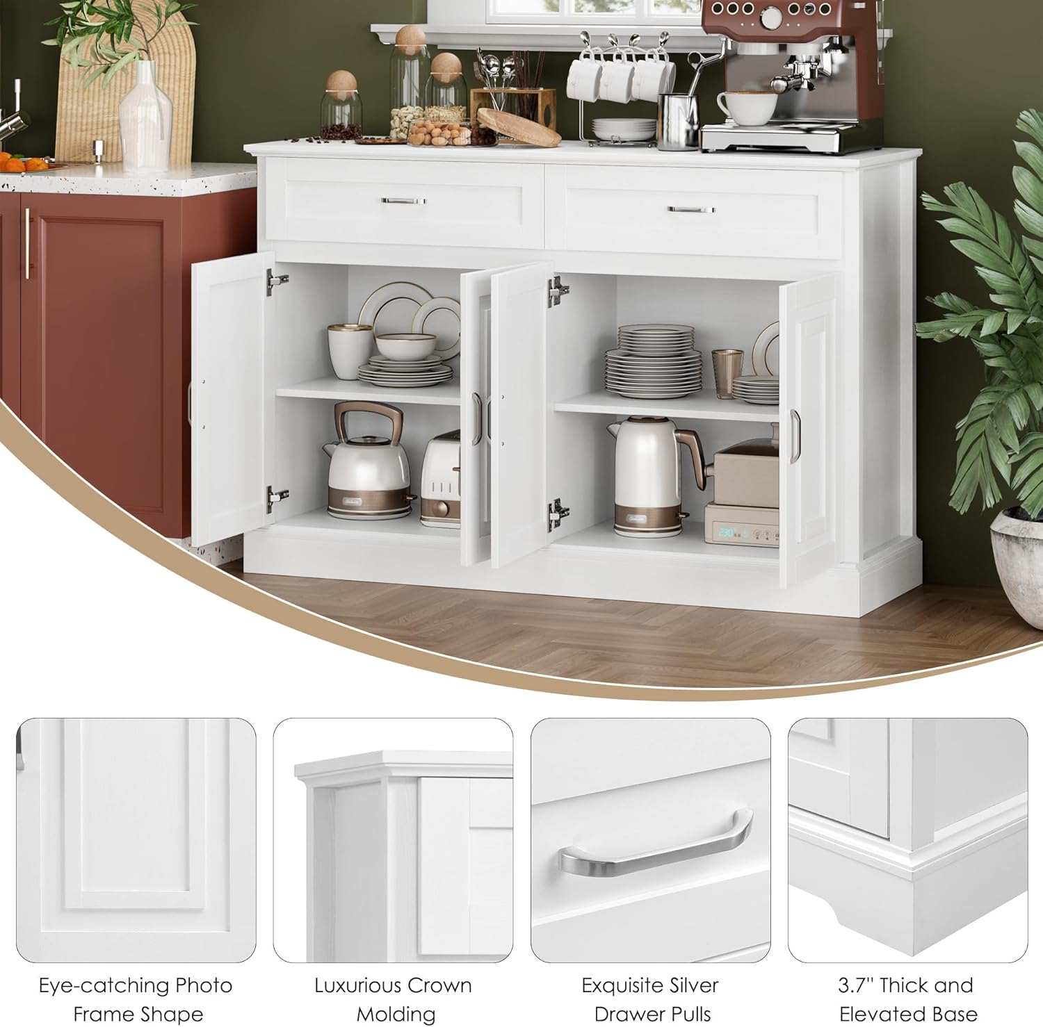 Sideboard Buffet Cabinet with Storage, 55.1" Large Kitchen Storage Cabinet with 2 Drawers and 4 Doors, Farmhouse Coffee Bar Display Cabinet for Kitchen Dining Room