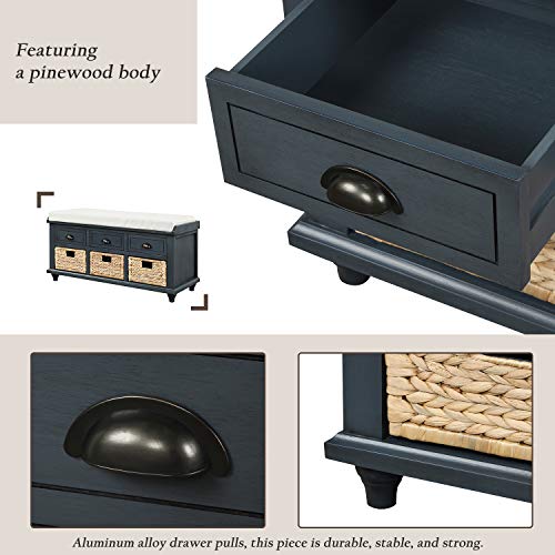 Wood Shoe Storage Benches with Cushion, Removable 2 Drawers for Entryway Livingroom Mudroom, Navy, 1 Rattan Baskets