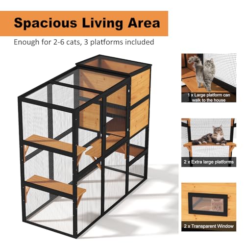 Catio Outdoor Cat Enclosure, Large Cat House for Mulitiple Cats Walk in Cat Cage with Waterproof Cover and Sunshine Panel Roof, Feral Cat Shelter with 7 Platforms and 2 Resting Box, 72 inch