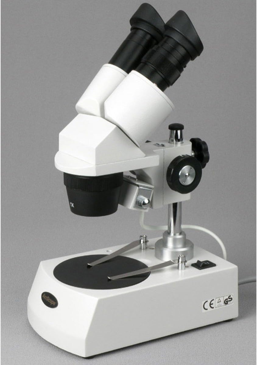 AmScope SE306-PZ Binocular Stereo Microscope, WF10x and WF20x Eyepieces, 20X/40X/80X Magnification, 2X and 4X Objectives, Upper and Lower Halogen Lighting, Reversible Black/White Stage Plate, Pillar Stand, 120V