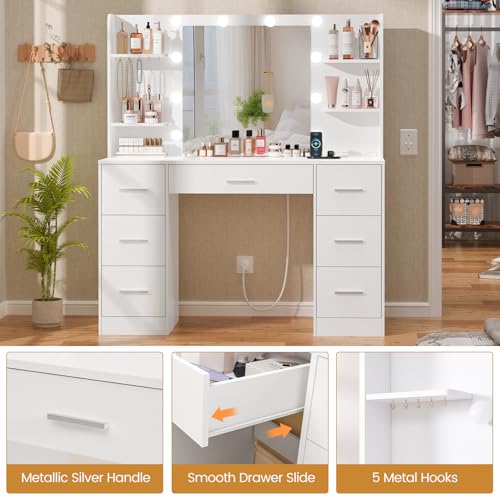 Quimoo Large Vanity Desk with LED Lighted Mirror & Power Outlet,Makeup Vanity Table with 7 Drawers,4 Shelves and 5 Hooks,Vanity Table, Vanity Desk Set for Bedroom,Bathroom,White