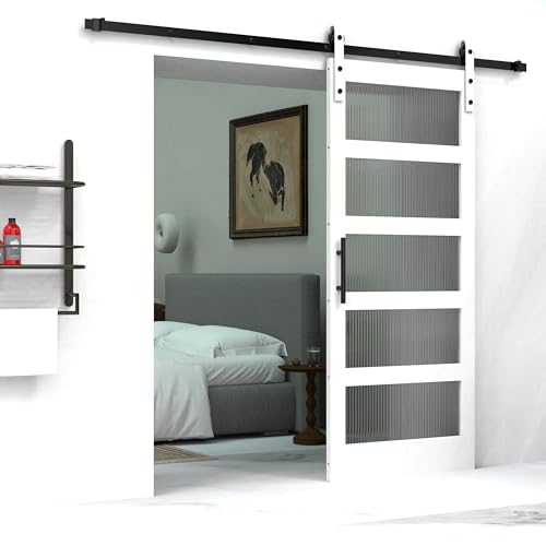 32 x 84 Inch Glass Sliding Barn Door Slab and 5.5ft Hardware Kit Included, 5 Frosted Glass, LVL Wood Panel Covered with White Water-Proof Scratch-Resistant PVC Surface, Simple DIY Assembly
