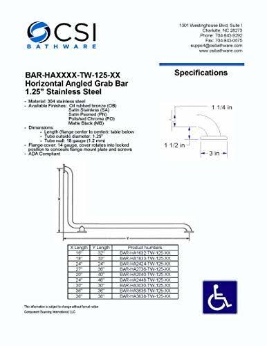 CSI Bathware BAR-HA1632-TW-125-OB Series L-Shaped Horizontal Bathroom Angled Safety Bar Oil Rubbed Bronze