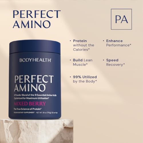 BodyHealth PerfectAmino Powder Mixed Berry (120 Servings) Best Pre/Post Workout Recovery Drink, 8 Essential Amino Acids Energy Supplement with 50% BCAAs, 100% Organic, 99% Utilization
