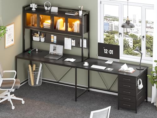 SEDETA L Shaped Gaming Desk with Drawers, L Shaped Computer Desk with Hutch and Storage Shelves, Gaming Desk with Pegboard, Led Lights, and Power Outlet, Home Office Desk, Corner Desk, Rustic Brown