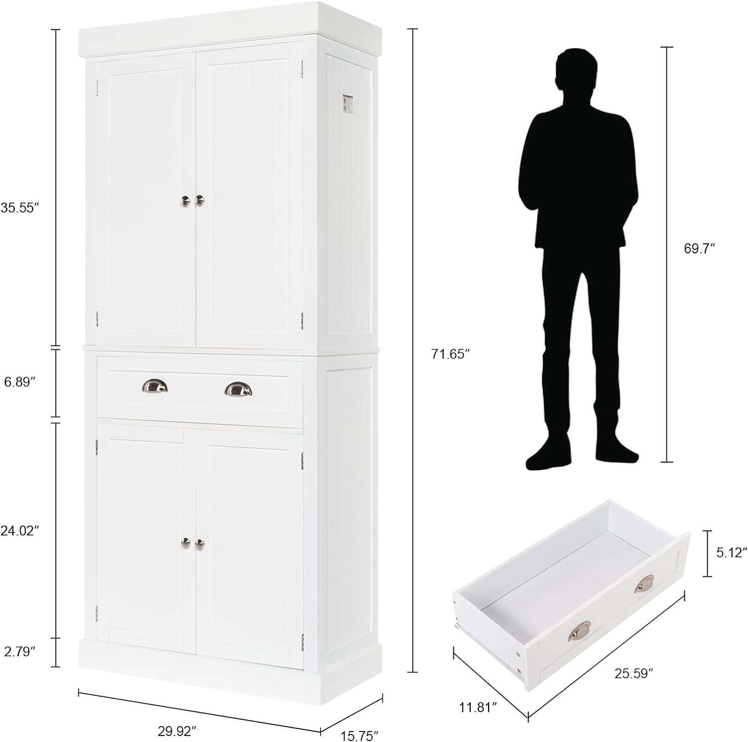 VINGLI 72" Tall Pantry Cabinet, Freestanding Kitchen Pantry Storage Cabinet with Doors and Shelves Adjustable, Wood Pantry with Drawer for Kitchen, Assembly Required, White