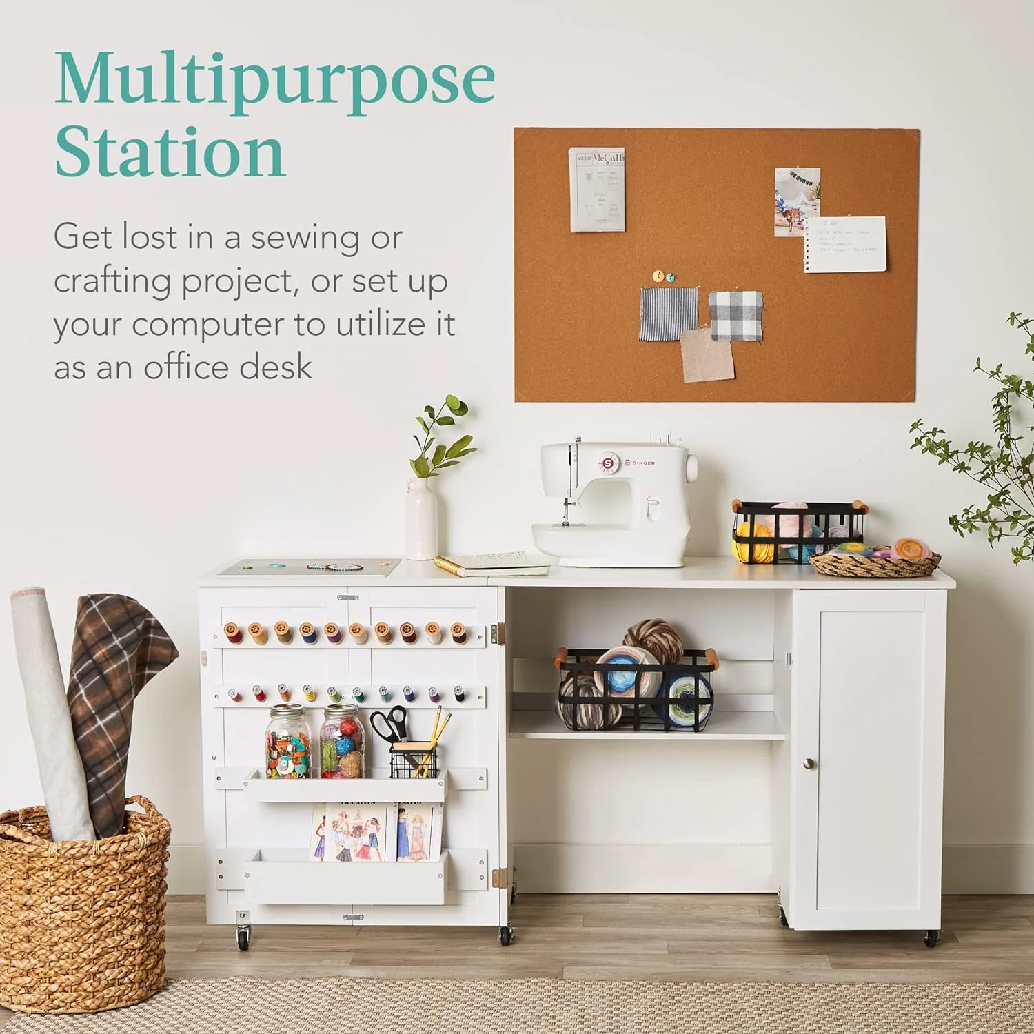SHSHSIO Large Folding Sewing Table, Multipurpose Portable Craft Station & Side Desk w/Compact Design, Caster Wheels, Storage Shelves, 2 Storage Trays, Magnetic Doors - White