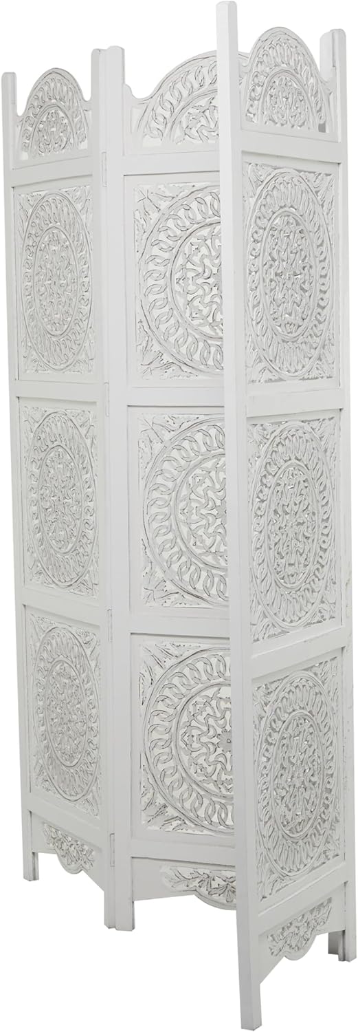 Deco 79 Wood Floral Handmade Partition Room Divider Screen Hinged Foldable Partition 3 Panel Privacy Screen with Intricately Carved Designs, Room Partition 60" x 1" x 72", White