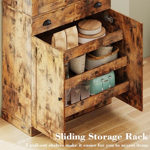IRONCK Kitchen Pantry Cabinet with Sliding Storage Rack and 6 Hanging Shelves, 72" Height Tall Freestanding Cupboard for Living Room, Dining Room, Laundry, White