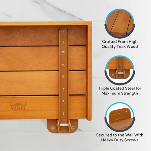 Wool & Ray Folding Shower Seat | Shower Seat for Inside Shower | Sturdy Teak Shower Bench | High End Teak Bench | Foldable Shower Chair | Teak Shower Benches for Inside Shower