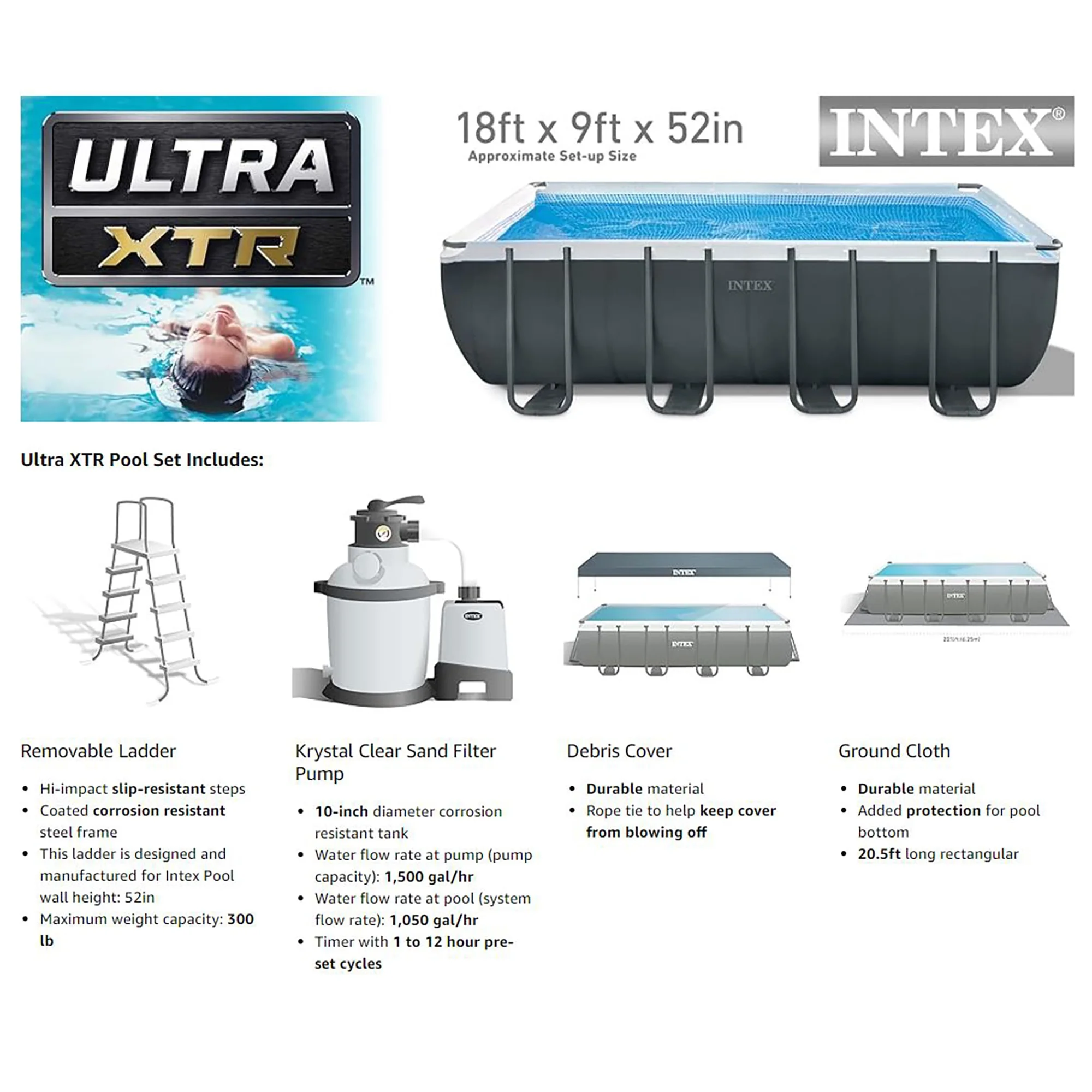Ultra XTR 18' x 9' x 52 Rectangular Above Ground Pool Set W/ Pump