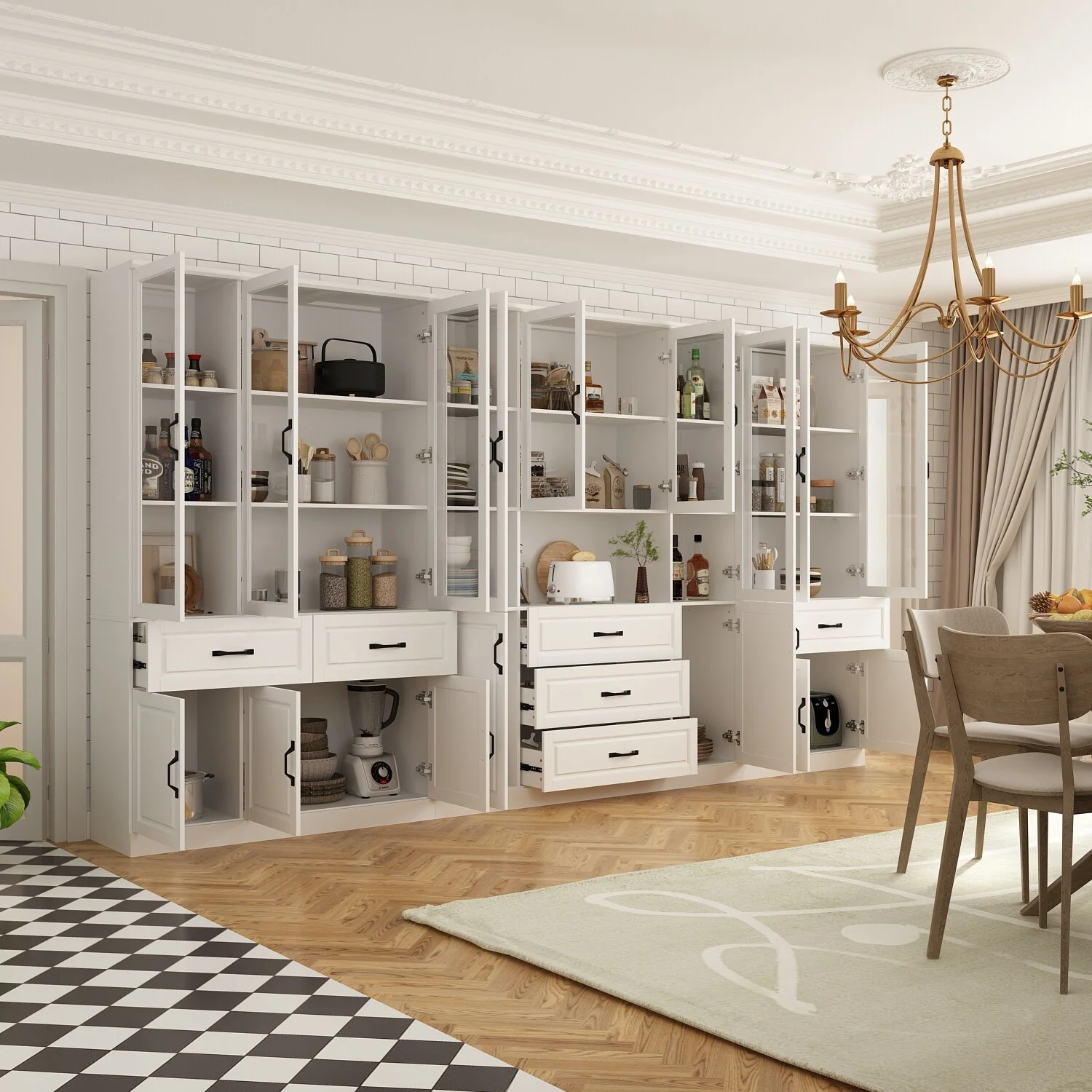 Large White Buffet Elegant China Cabinet with Tempered Glass Doors 94.5"