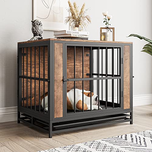 Dog Crate Furniture, Metal and Wooden Dog Crate, Dog Kennels with 3 Doors Indoor, Pet Puppy Crate End Table for Small/Medium/Large Dog, Heavy Duty Dog House, Rustic Black and Brown