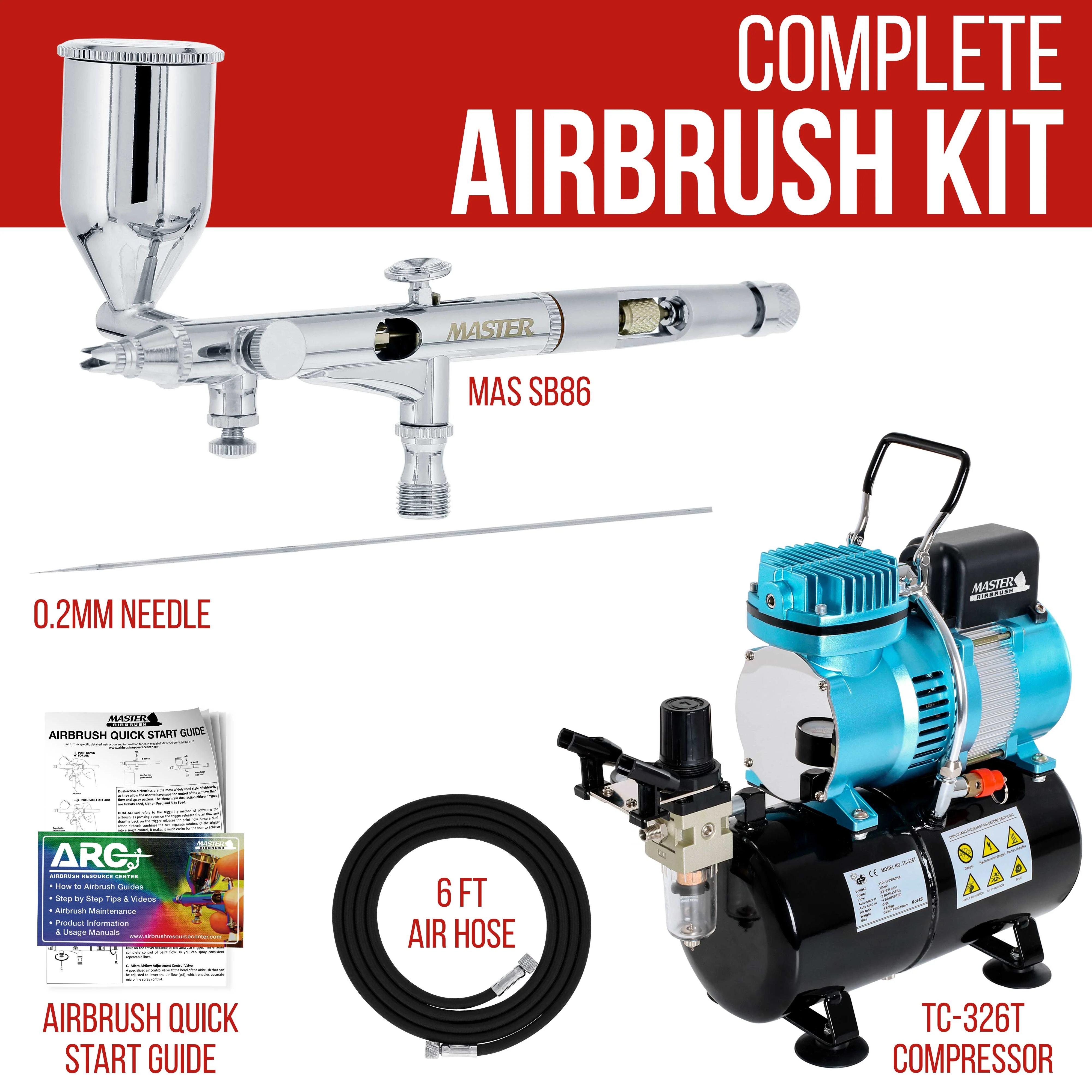 Master SB86 Precision Detail Control Dual-Action Side Feed Gravity Airbrush Set, Dual Fan Air Tank Compressor, 0.2mm Tip