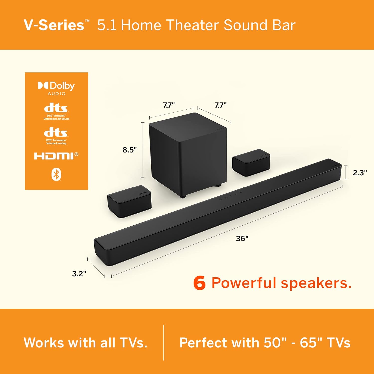 V-Series 5.1 Home Theater Sound Bar, Bluetooth, Wireless Subwoofer, Voice Assistant Compatible, Includes Remote Control