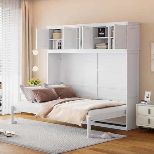 MERITLINE Queen Horizontal Murphy Bed Cabinet with Storage Bookcase Shelves and Charging Station,Wood Folding Grey Murphy Wall Bed for Adult