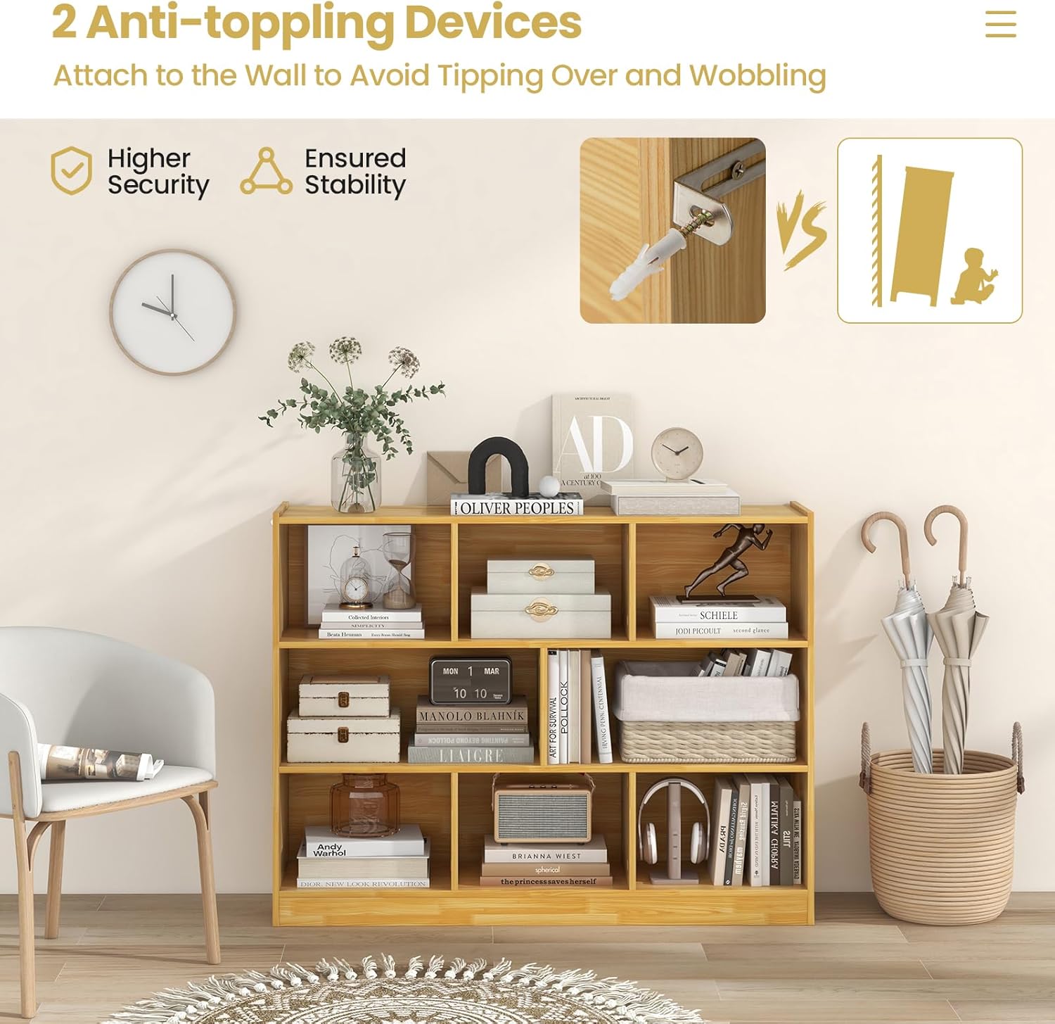 8 Cube Bookcase, 3-Tier Horizontal Bookshelf, Wooden Cube Storage Organizer for Home Office, Children's Rooms, Classroom, Under Winder Bookshelf (Yellow, 48” x 12.5” x 36.5”)