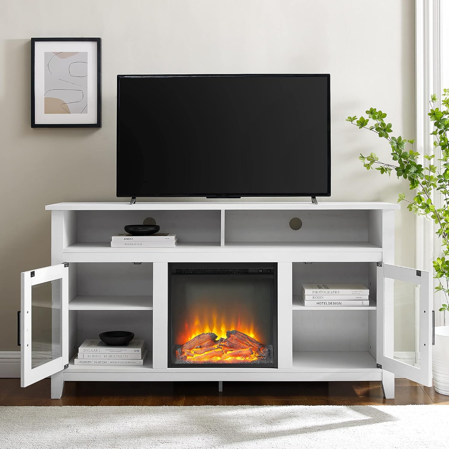 Walker Edison Durango Modern Farmhouse Glass Door Highboy Fireplace Stand for TVs up to 65 Inches, Grey Wash