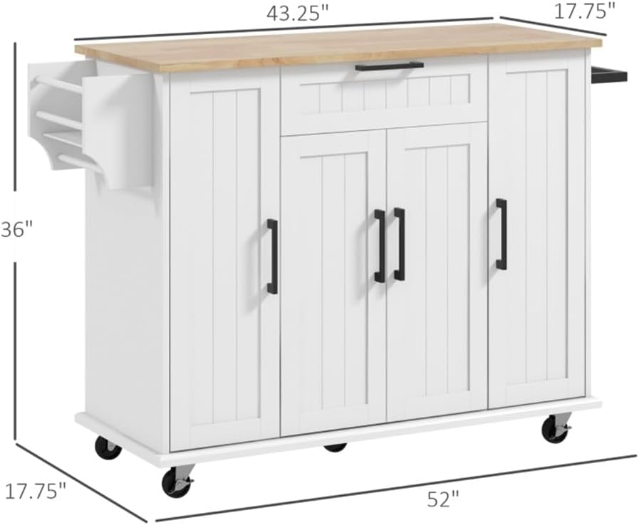 Rolling Kitchen Island on Wheels Kitchen Cart with Solid Wood Drop Leaf Breakfast Bar, 1 Storage Drawer 4-Door Cabinets Spice Rack,White