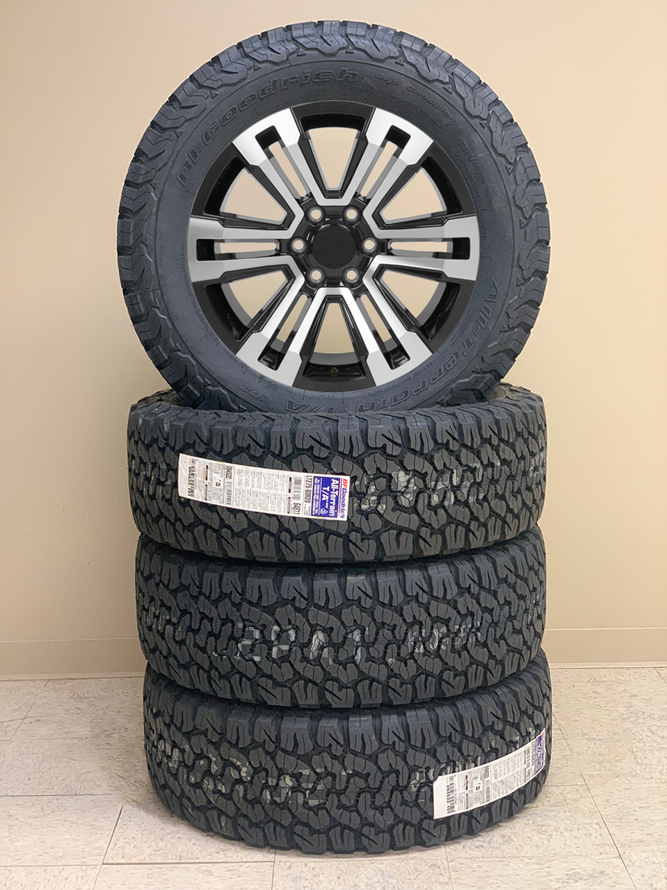 Gloss Black and Machine 20" Split Spoke Replica Wheels with All Terrain 275/60R20 Tires SET of 4 fits Chevy Silverado, Tahoe, Suburban, GMC Sierra, Yukon, Denali 1500, Includes Lug Nuts and TPMS