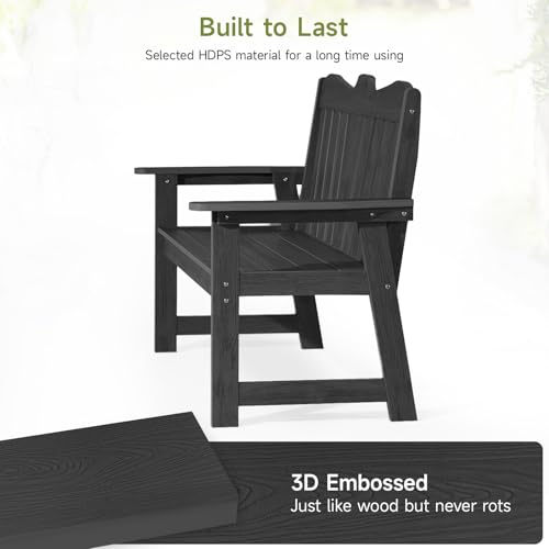 Outdoor Bench, 2-Person Weatherproof Garden Bench with Wide Armrests and Backrest, All-Weather Patio Bench Will not Rot and Fade for Garden, Porch, Backyard and Park, Easy Installation, Black