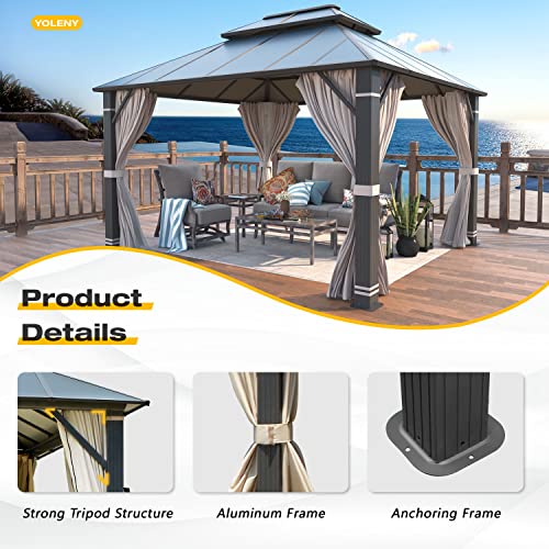 YOLENY 10' x 12' Hardtop Gazebo, Wood-Looking Gazebo with Galvanized Steel Double Roof, Aluminum Frame, Permanent Metal Pavilion with Netting and Curtains for Deck, Backyard, Patio and Lawns