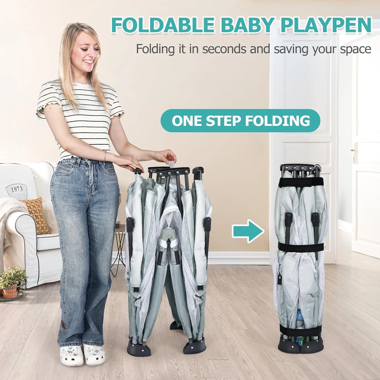 Baby Playpen: Foldable Playpen for Babies and Toddlers Large Play Pen Portable Playpen Fence Indoor Outdoor Kids Safety Area Travel Play Yard with 2 Storage Bags 4 Handlers 50 Balls (71" × 59")