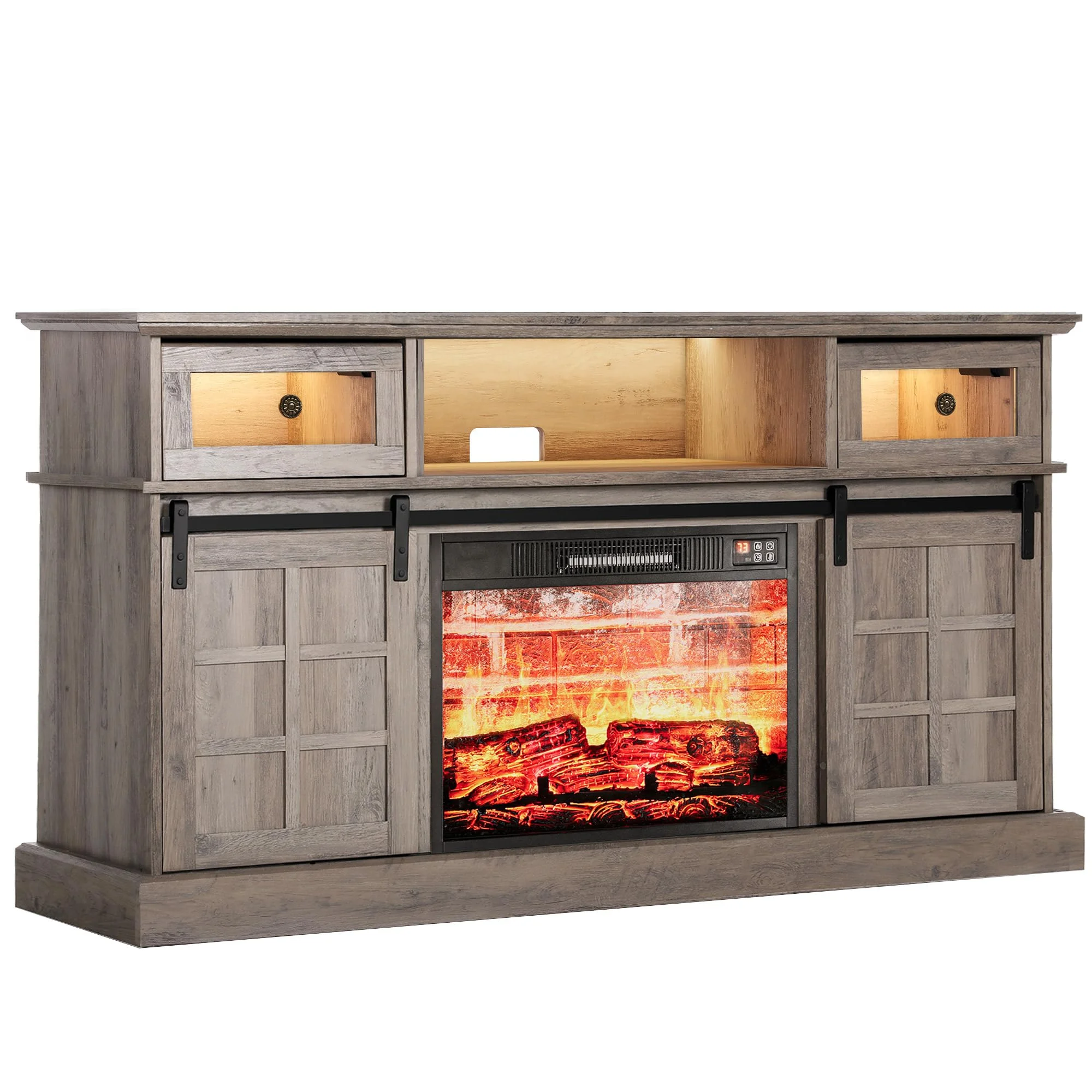 Peradix Fireplace TV Stand with 23" Electric Fireplace TV Stand for 65 Inch TV, Modern Farmhouse Entertainment Center TV Cabinet with 16 Colors RGB LED Lights Barn Door for Living Room,Bedroom,Gray
