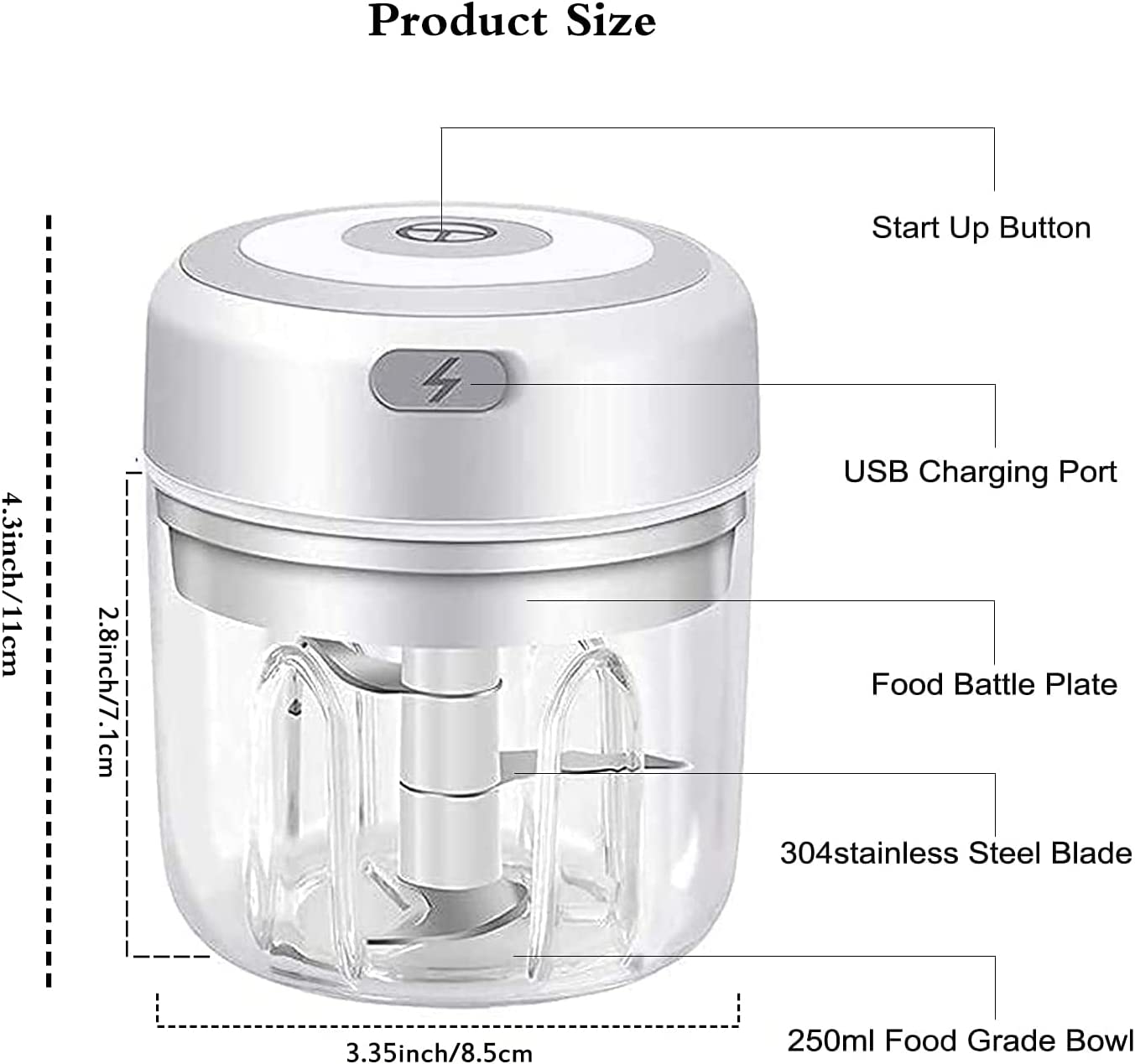Electric Mini Garlic Chopper,Portable Mini Mincer Electric Food Processor, 250ml Mini Baby Food Maker Presses for Chili Onion Meat Spices Chopper Blender Machine