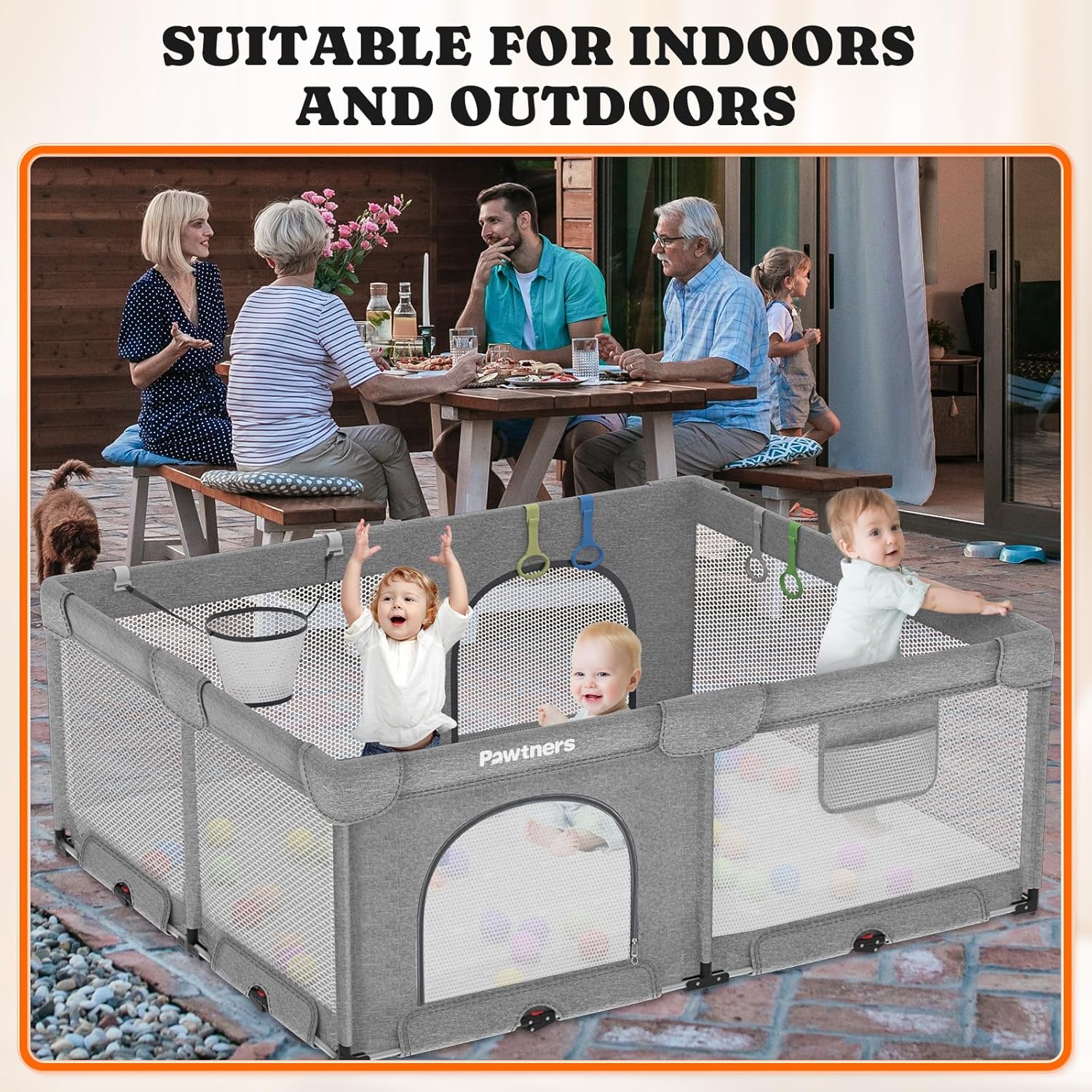 Foldable Playpen for Babies and Toddlers: 71"L x 59"W x 27"H, Large Kids Playpen, Portable Baby Play Yard for Indoor and Outdoor Play Area, Baby Gate Playpen with 50PCS Ocean Ball, 4 Handles, 1 Basket