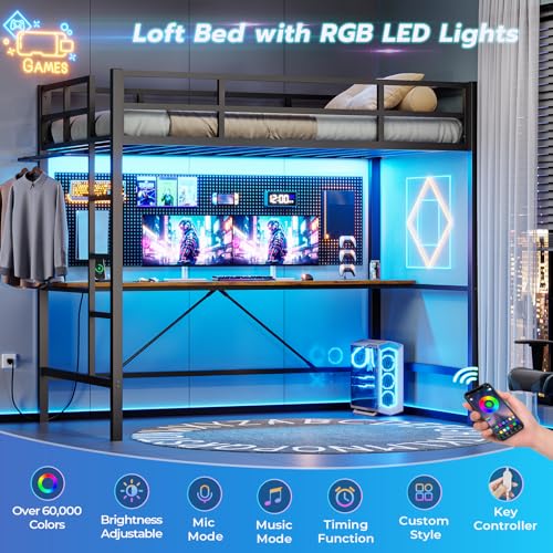 DICTAC Loft Bed with Desk and Led Lights Metal Loft Bed Twin Size with Power Outlet Twin Bed Frame with Top Bunk and Safety Guard & Ladder, Space-Saving,No Noise,No Box Spring Needed, White