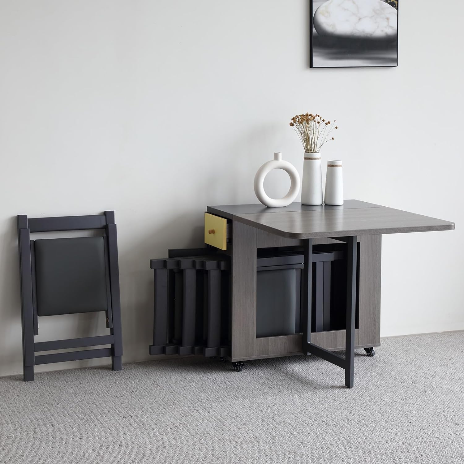 5-Piece Folding Dining Table and Folding Dining Chairs Set, Movable Space Saving Foldable Dining Table and Folding Chairs for Home, Kitchen, Dining Room (Table + 4 Chairs, Grey)