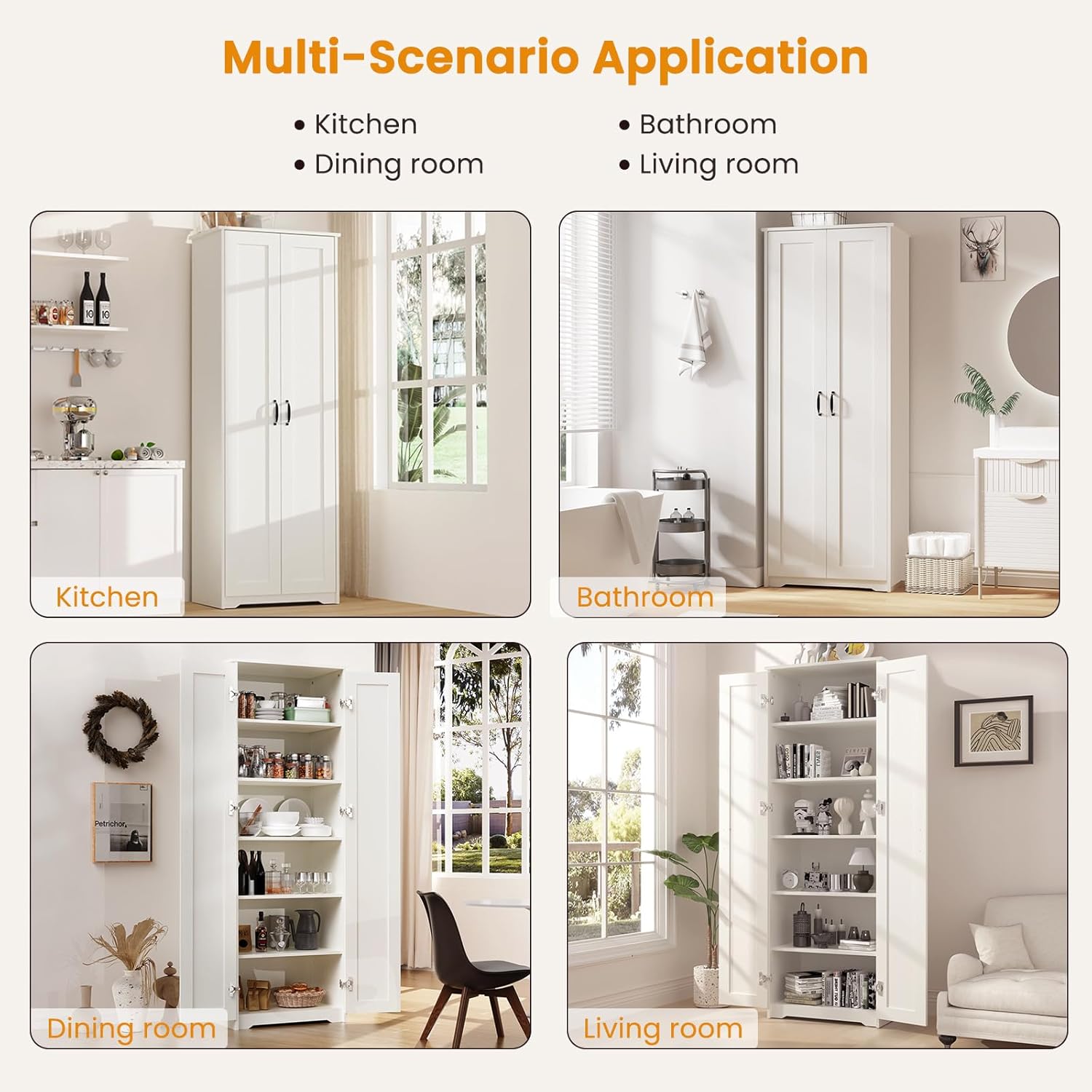 70" Tall Storage Pantry Cabinet, Bathroom Floor Organizer Storage Cabinet with 2 Doors and 6 Adjustable Shelves, Standing Utility Cabinet for Dining Room, Food Storage and Kitchen, White