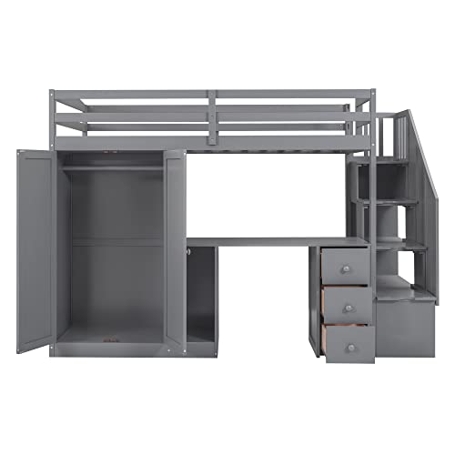 Harper & Bright Designs Twin Size Loft Bed with Desk and Stairs, Solid Wood Loft Bed Frame with Storage and Slat Support, for Kids Teens Adults (Espresso)