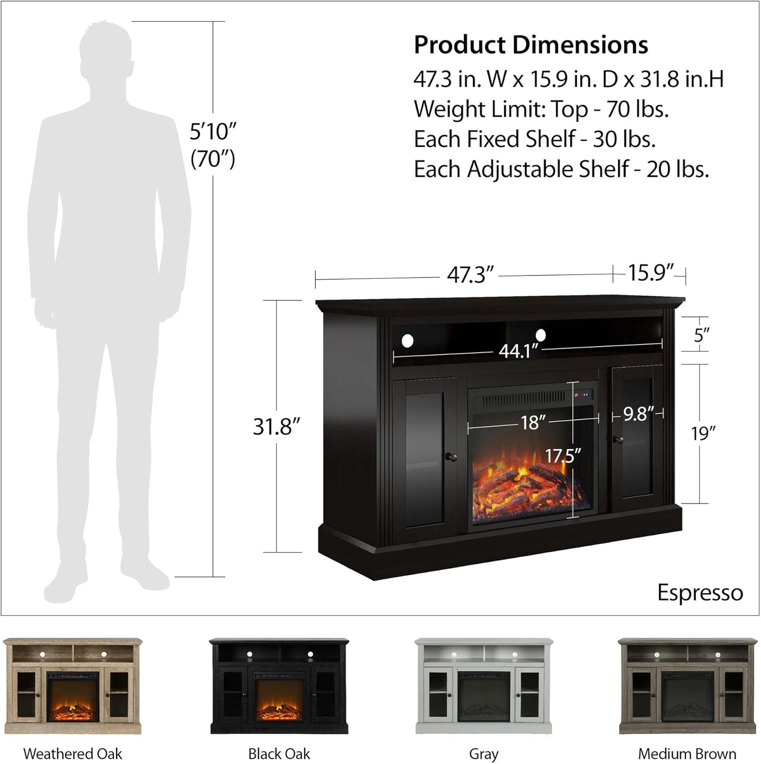 Ameriwood Home Chicago Electric Fireplace TV Console for TVs up to a 50, Espresso,1764096PCOM