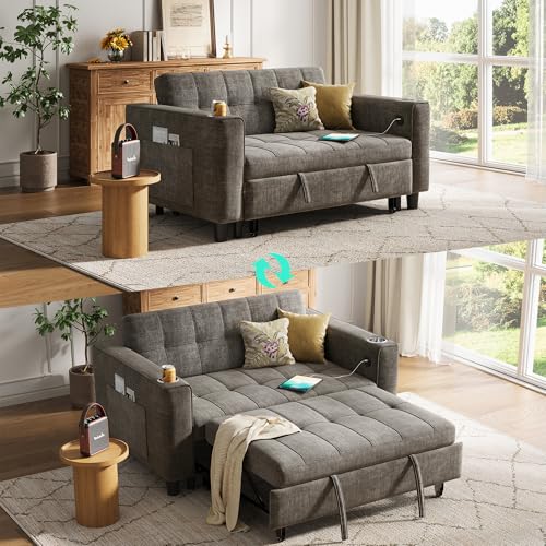 LINSY 3-in-1 Convertible Sofa Bed, 54" Pull Out Sleeper Sofa with Charging Station & Cup Holder, Small Folding Loveseat with Side Pocket for Small Space, Corduroy Couch, Green
