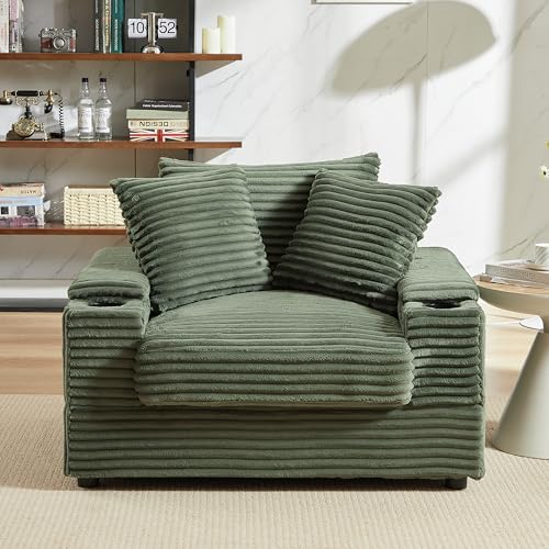 Oversized Chaise Lounge Sofa Chair with Movable Ottoman, 43.3" W Corduroy Upholstered Convertible Sleeper Corner Sofabed with Detachable Seat&Back Cushion for Living Room Office, Grey